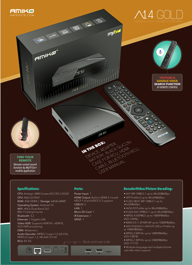 Amiko A14 Gold Android 14 4K streaming box specifications