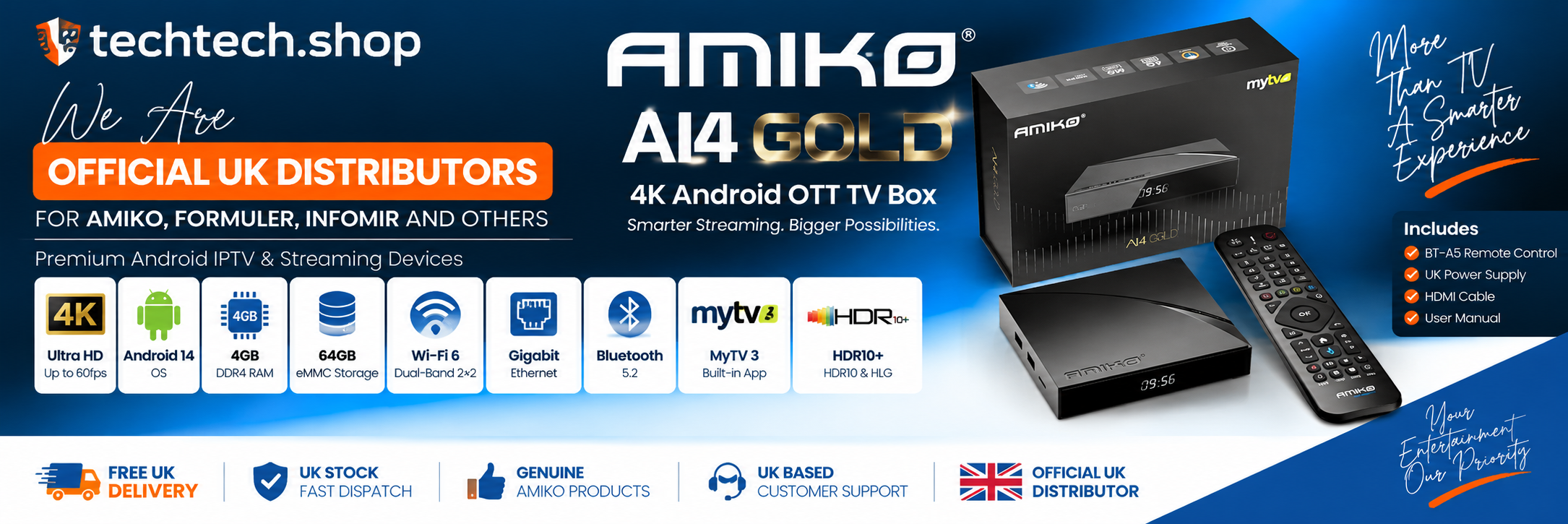 Amiko A14 Gold 4K Android 14 Streaming Box - Official UK Distributor